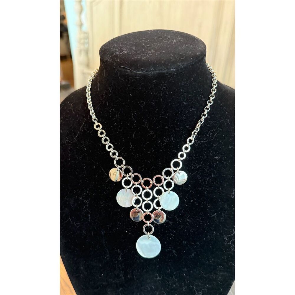 Lia Sophia Silver Mother of Pearl Statement Necklace Adjustable Length